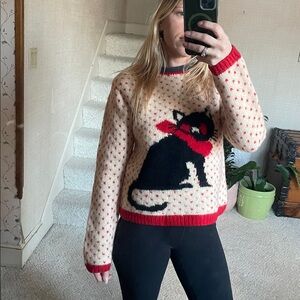 Neiman Marcus Vintage Hand Knit Pure Wool Heart Cat Novelty Sweater